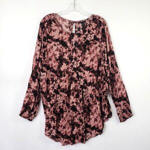 Torrid Blouse Womens Plus‎ Size 0 Rose Black Tie Dye Print Long Sleeve Top Gauze